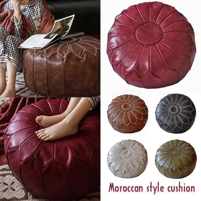 58cm Moroccan PU Leather Pouf Meditation Cushion Home Decor Embroidery Craft Hassock Ottoman Footstool Tatami Unstuffed Cushion