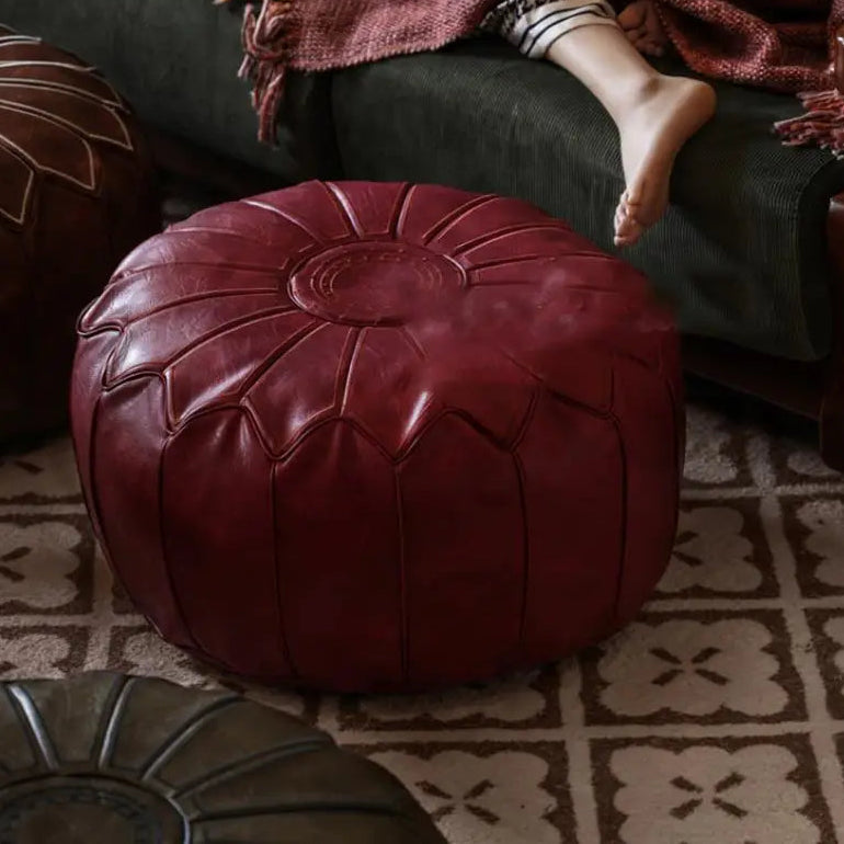 58cm Moroccan PU Leather Pouf Meditation Cushion Home Decor Embroidery Craft Hassock Ottoman Footstool Tatami Unstuffed Cushion