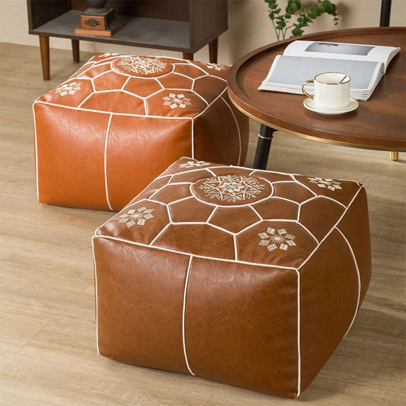 Moroccan Cushion Cover PU Leather Meditation Pouf Embroider Craft Ottoman Covers Footstool Tatami Unstuffed Cushion No Fillings