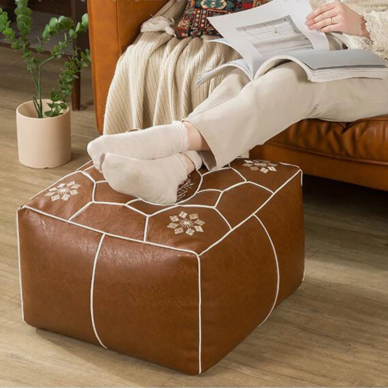 Moroccan Cushion Cover PU Leather Meditation Pouf Embroider Craft Ottoman Covers Footstool Tatami Unstuffed Cushion No Fillings