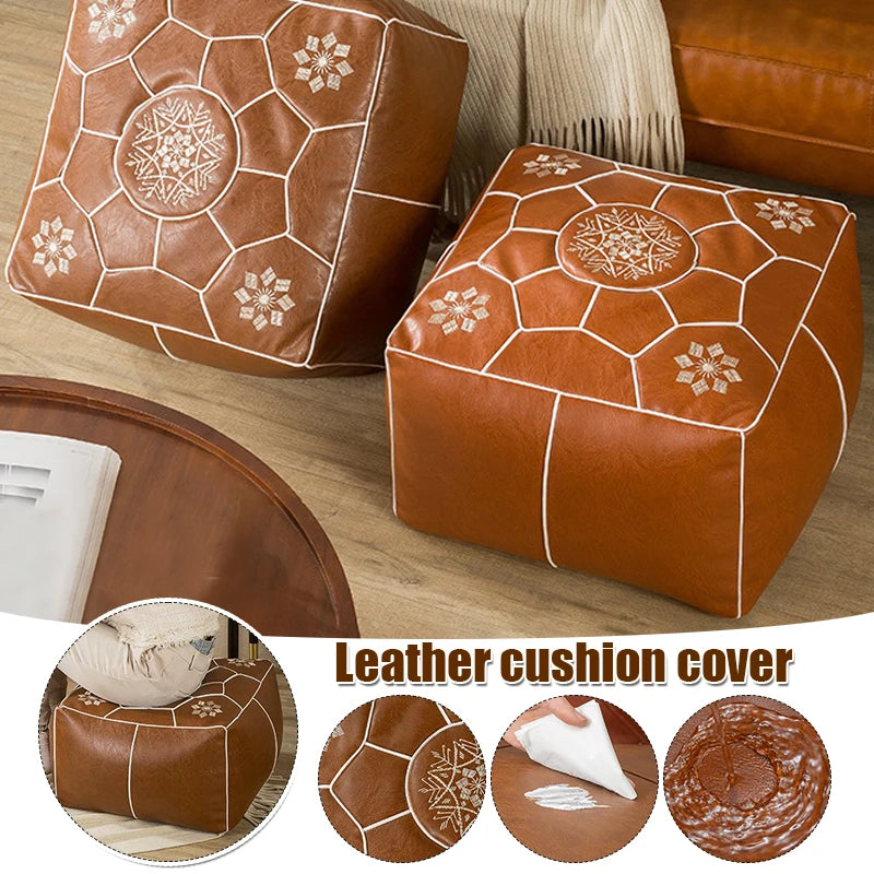 Moroccan Cushion Cover PU Leather Meditation Pouf Embroider Craft Ottoman Covers Footstool Tatami Unstuffed Cushion No Fillings