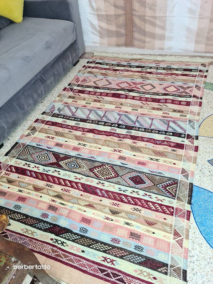 Merino wool Natural.Handwoven wool. rug in colorful tapestry. antique carpet