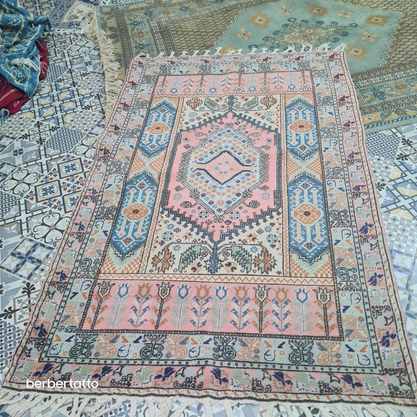 Moroccan rug Pink blue,  berber tapestry antique carpet old colored  natural beauty colour blue Light. Rare 1 original wool attracted cotton