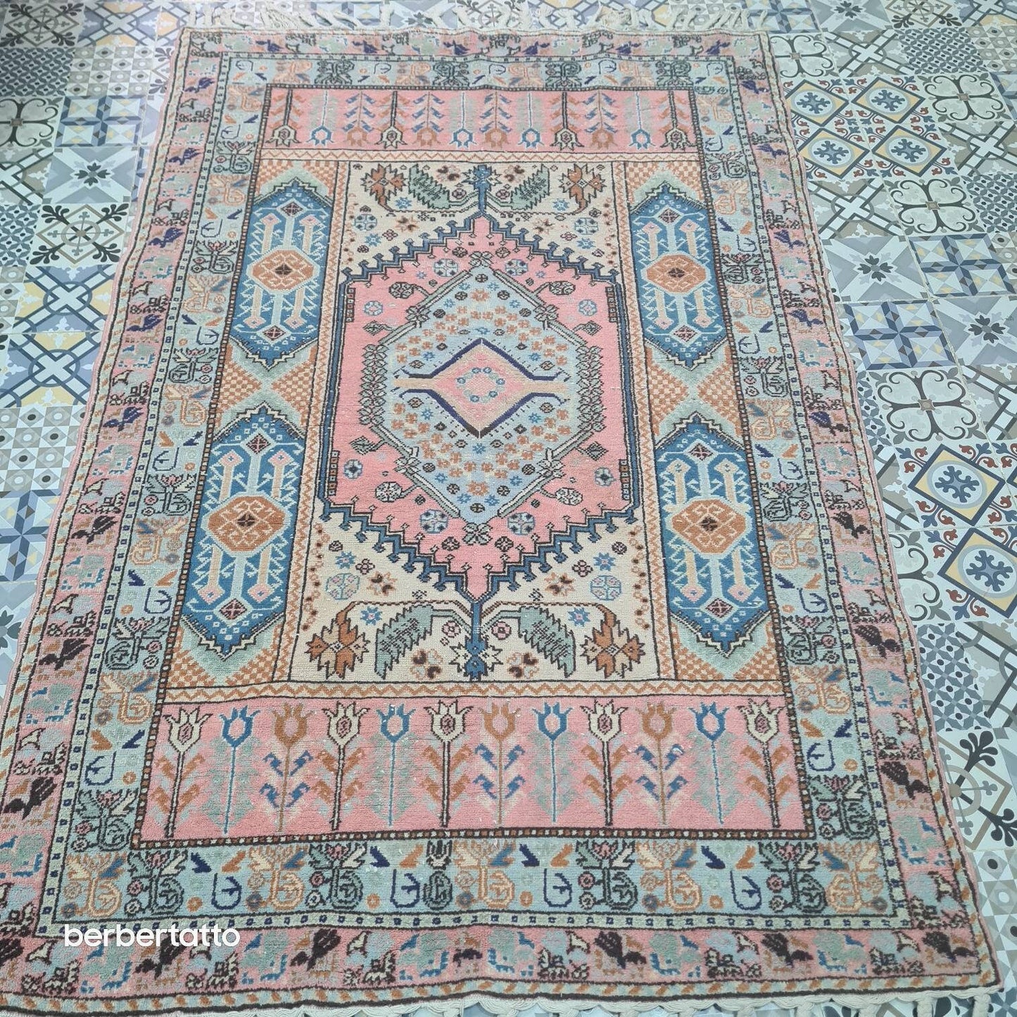 Moroccan rug Pink blue,  berber tapestry antique carpet old colored  natural beauty colour blue Light. Rare 1 original wool attracted cotton