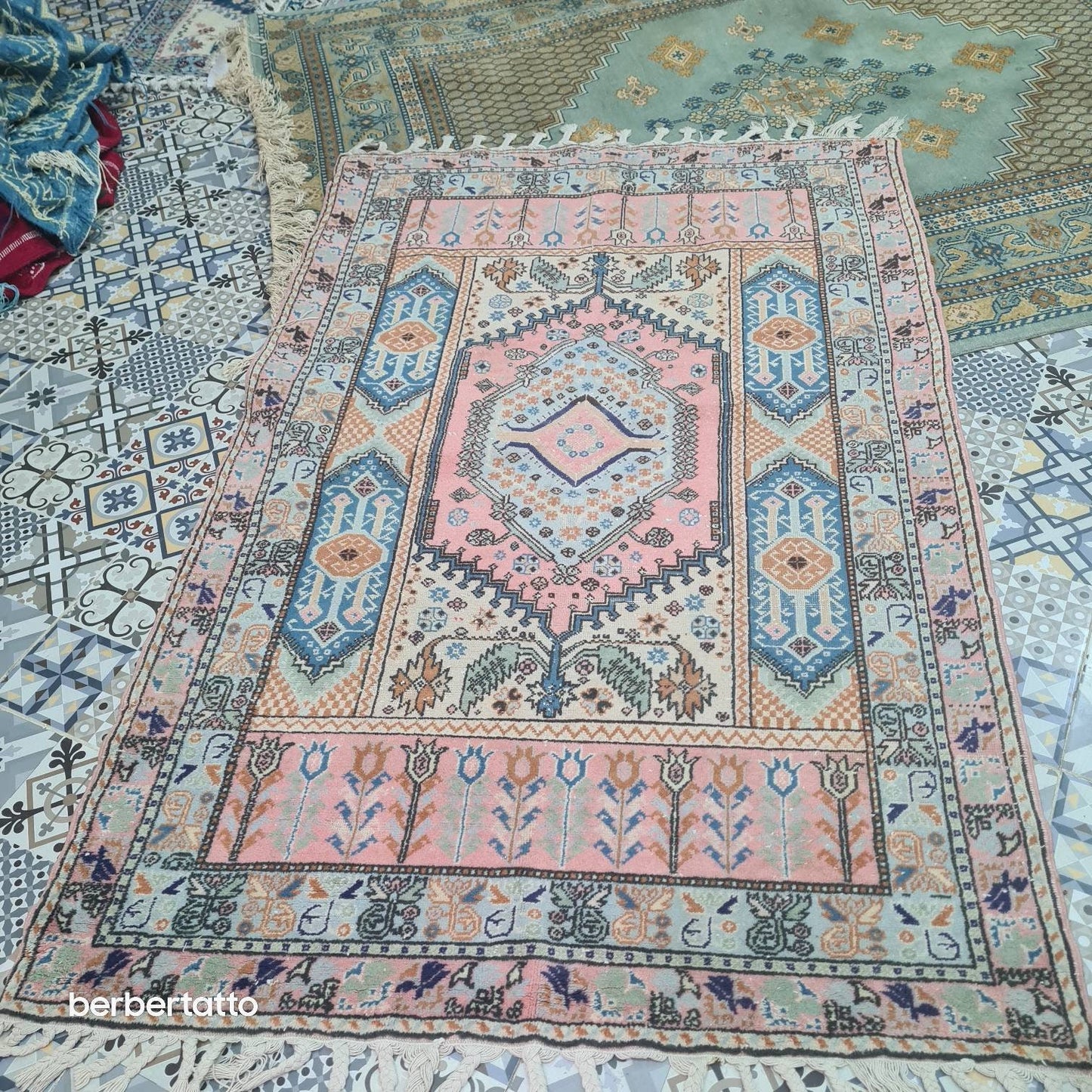 Moroccan rug Pink blue,  berber tapestry antique carpet old colored  natural beauty colour blue Light. Rare 1 original wool attracted cotton