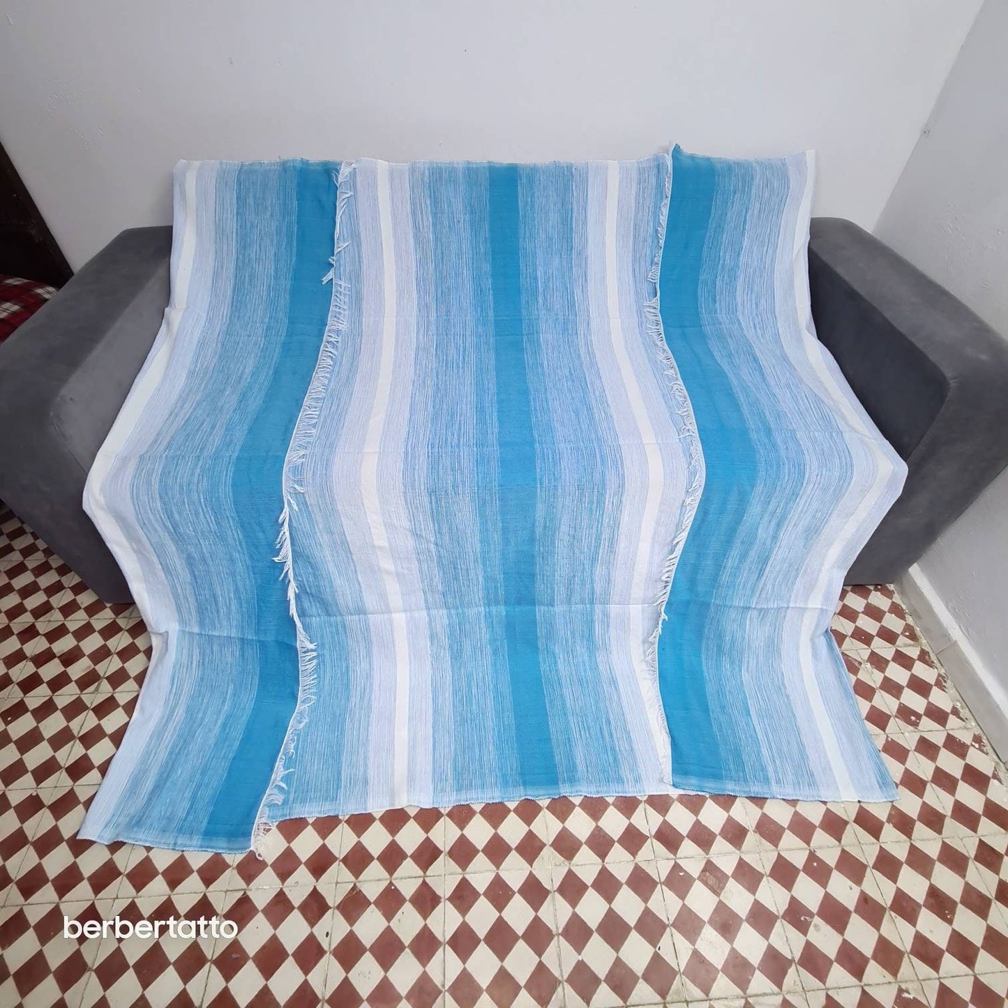 Beniourain Blanket Sofa Cover, Woven berber Cotton Blanket, Moroccan Bed Blanket for Housewarming Gift, Gift Blanket for Her,Blue couverture